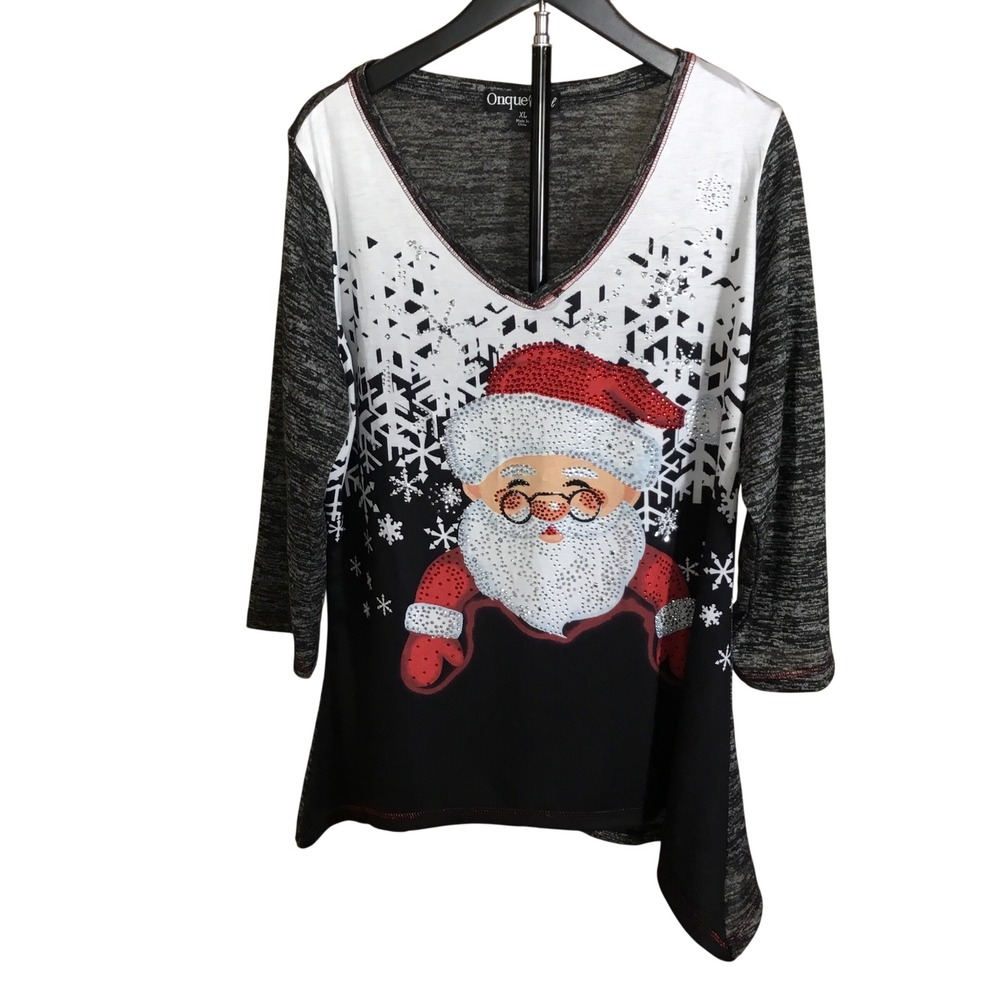 Onque Casual Christmas Santa Rhinestone XL‎ Black White Grey 3/4 Sleeve V-Neck